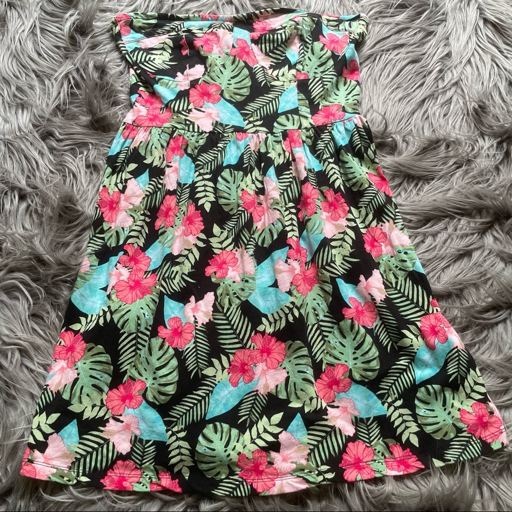 Divided Floral Tropical Palm Leave Flowers Strapless Dress Size Medium